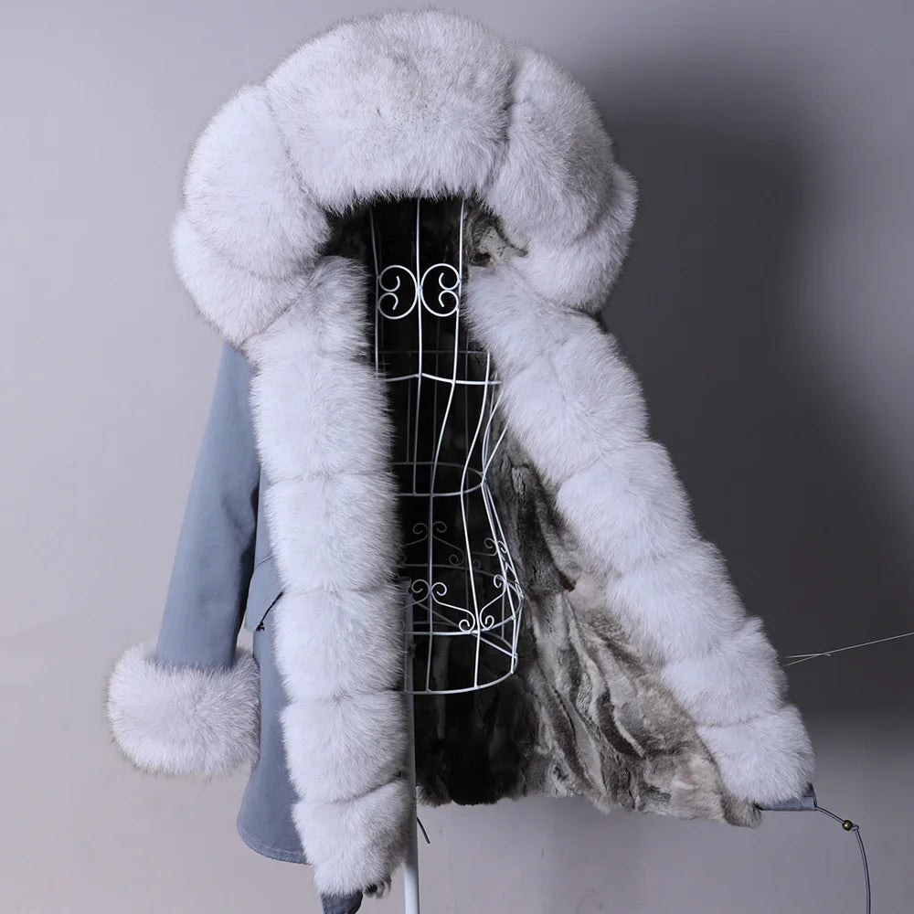 2026 Maomaokong Women's Winter Coats Rabbit Lining Jacket Natural Real Raccoon Fur Collar Parka Fox Fur Long Female Clothing