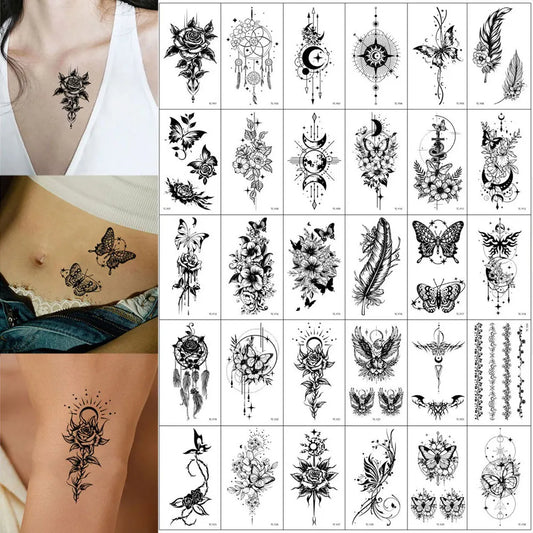 30pcs Black Small Temporary Tattoo Stickers for Men Women Waterproof Butterfly Flower Moon Fake Tattoo Stickers for Hand Body
