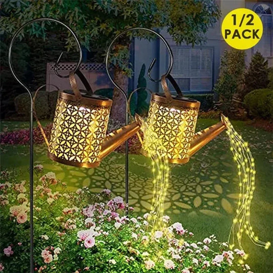 1/2Pcs Solar Lights Outdoor Watering Can LED Lamp Waterproof Hanging Lantern String Waterfall Decorative or Yard Patio Garden