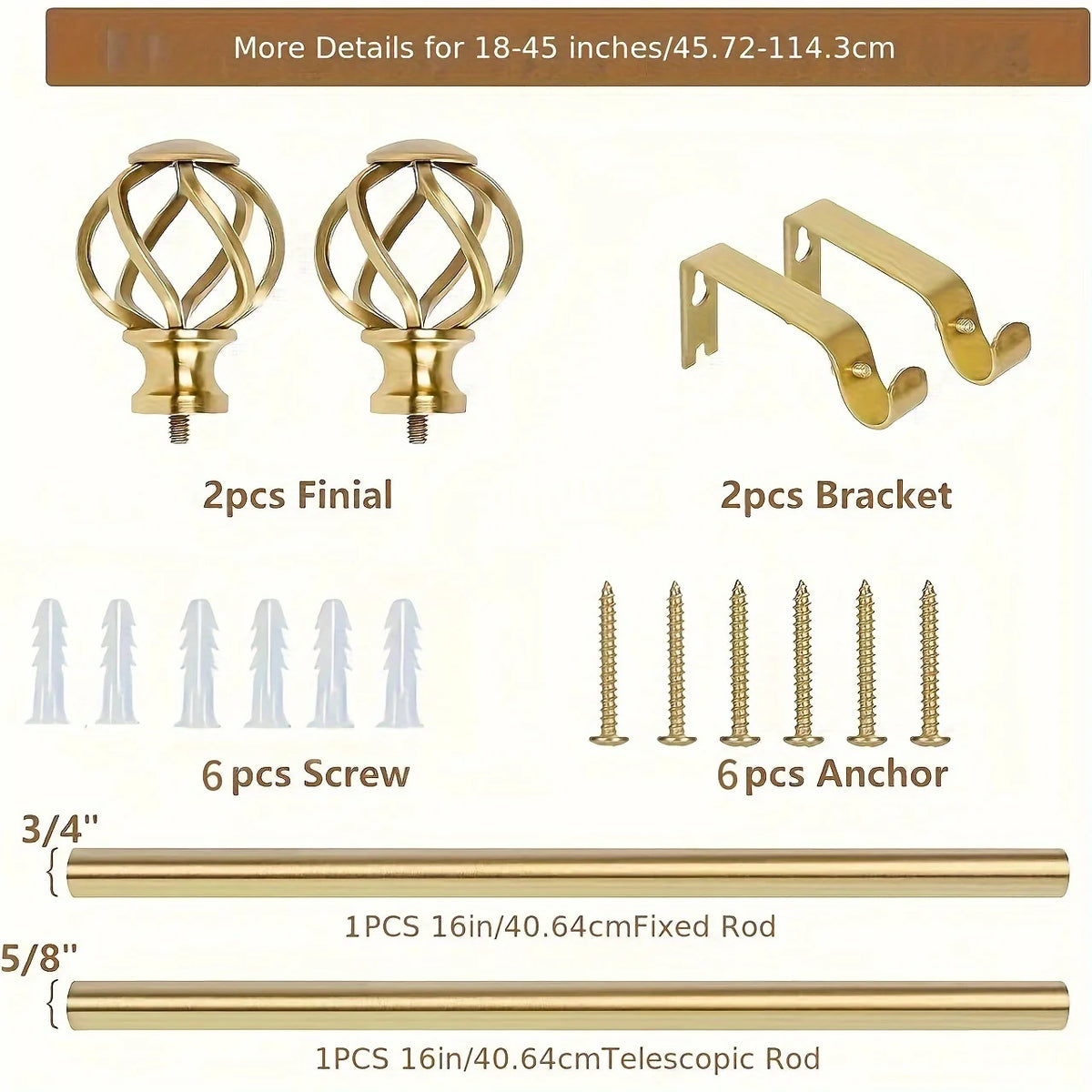1PC Gold Curtain Rod with Twisted Cage Finials, 3/4" Adjustable Heavy Duty Window Treatment Rods for Living Room, Bedroom
