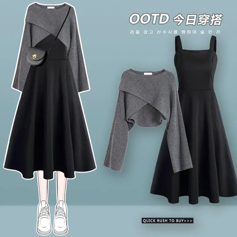 2026 Women's Spring Autumn New Dress Matching Set Female Elegant Short Knitted Sweater+Irregular Sexy Strap Skirt Two Piece Suit
