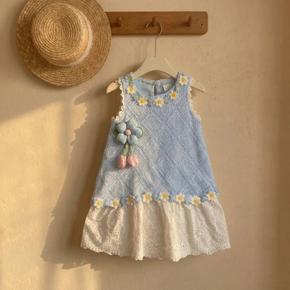 Girls' Dress Summer New Style Children's Fashionable Lace Princess Dress Little Girl Sweet Floral Vest Dress