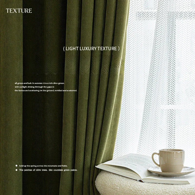 American Vintage Olive Green Chenille Blackout Curtains High-end Herringbone Thickened Custom Curtains for Living Dining Bedroom
