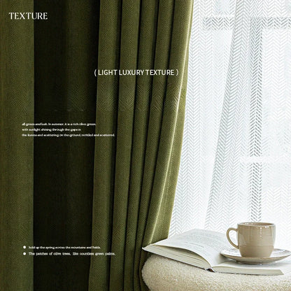 American Vintage Olive Green Chenille Blackout Curtains High-end Herringbone Thickened Custom Curtains for Living Dining Bedroom