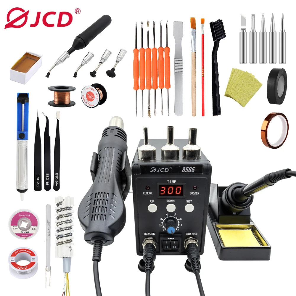 JCD 2 in 1 Digital Soldering Station Hot Air Gun Solder Iron SMD BGA Rework Desoldering Welding Repair Tools 760W 220V 110V 8586