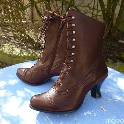 2025 Winter Lace Up Ladies High Heel Shoes Motocycle Boot Victorian Boots Women Fashion Pointed Toe Thick Soled Short Boot