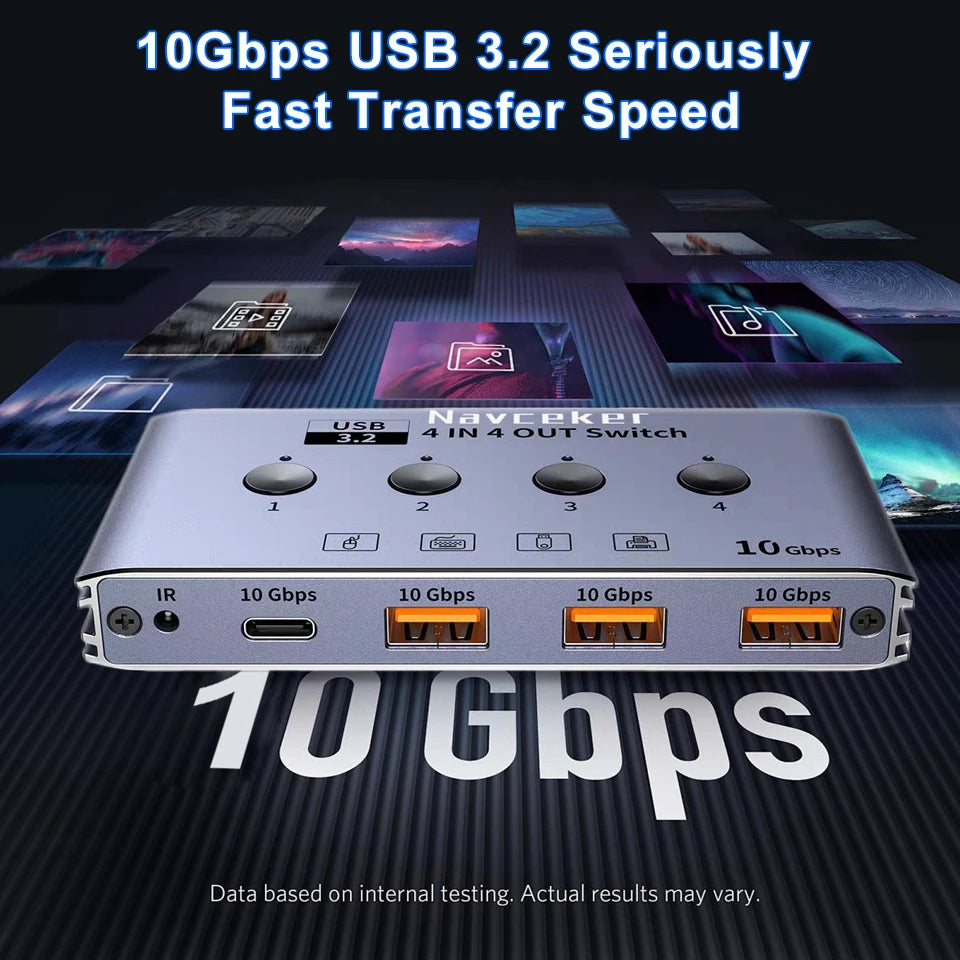 10Gbps USB 3.2 Switch 4 Computers Share 4 Peripherals 4 Port USB 3.0 Switcher for Mouse Keyboard Printer with Remote and Cables