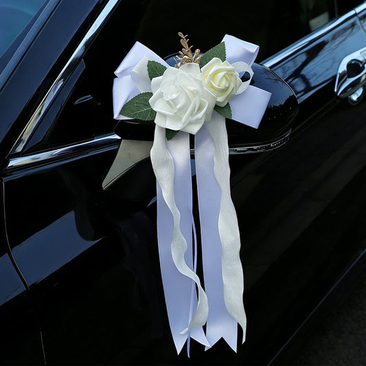 Wedding Car Decoration White Rose Bow, Artificial Flower Car Door Handle Ribbon Ornament for Bridal Vehicle Party Decor