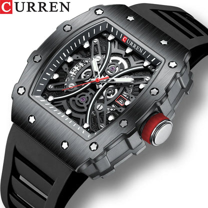 Curren 8438 Luxury Silicone Strap Men's Quartz Wristwatches Waterproof Square Sports Watch with Calendar Function