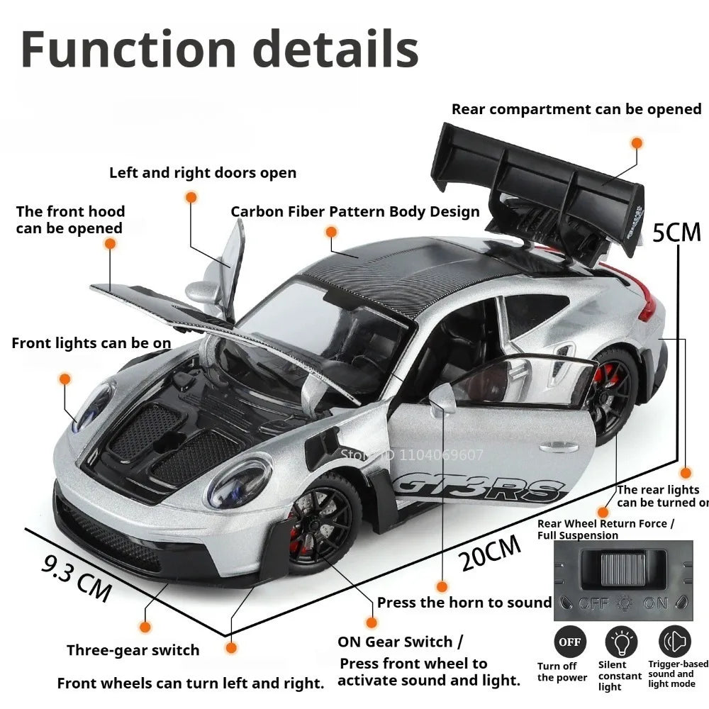 1:24 Scale Supra A80 911 GT3RS Supercar Model Toy Alloy Diecast Shock Absorption Doors Opened Sound Light Collection Sports Cars