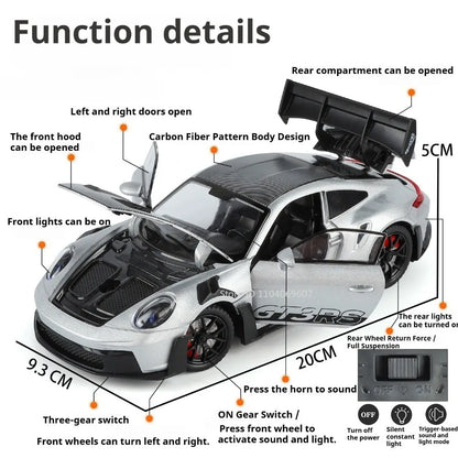 1:24 Scale Supra A80 911 GT3RS Supercar Model Toy Alloy Diecast Shock Absorption Doors Opened Sound Light Collection Sports Cars