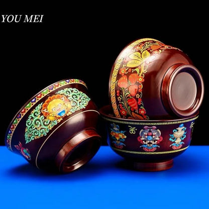 Tibetan-Style Solid Wood Dark-Colored Tsampa Bowl,Auspicious Wooden Butter Tea Bowls,Handicraft Holy Water Bowl Buddhist Item