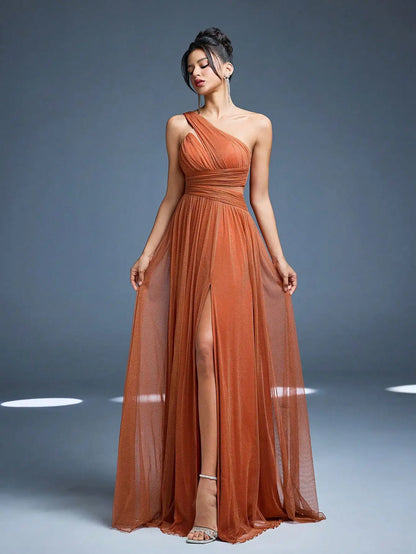 One Shoulder Solid Color Brides maid Dress perspective High slit Mesh Long dress