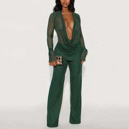 Ladies Fashion Sexy Mesh Chiffon Solid V Neck Blouse & Pant Sets Women Long Sleeve Casual Pants Elegant 2 Pieces Set Summer