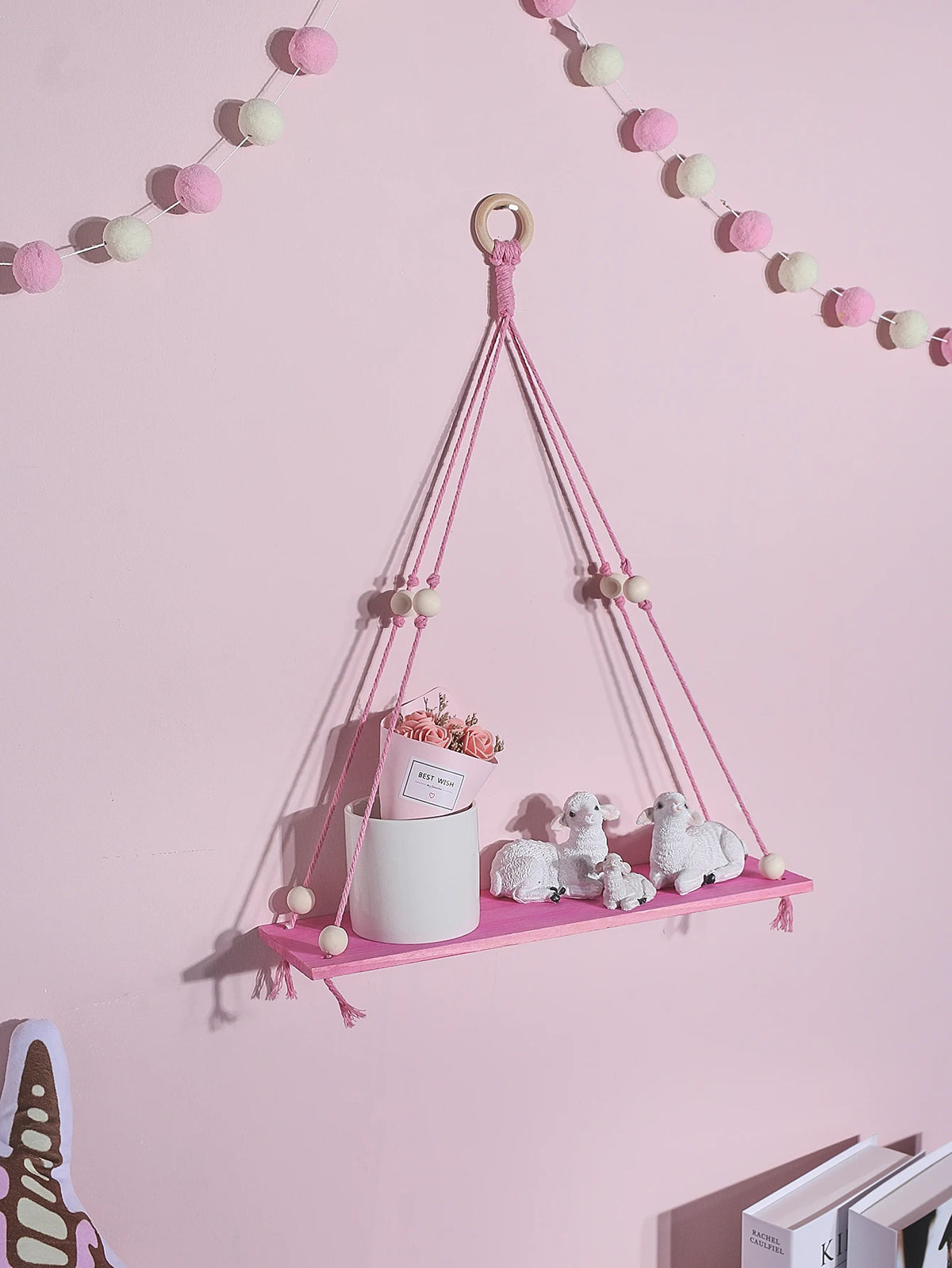 1/2-Tier Pink Hemp Rope Wooden Plant Flower Pot Tray Display Stand Storage Rack Wall Shelves Floating Wall Shelf Home Decoration