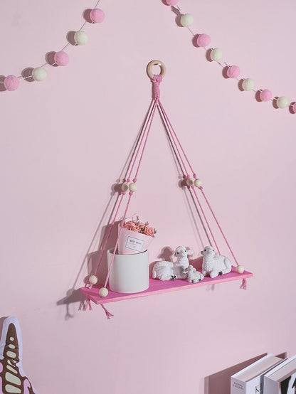 1/2-Tier Pink Hemp Rope Wooden Plant Flower Pot Tray Display Stand Storage Rack Wall Shelves Floating Wall Shelf Home Decoration