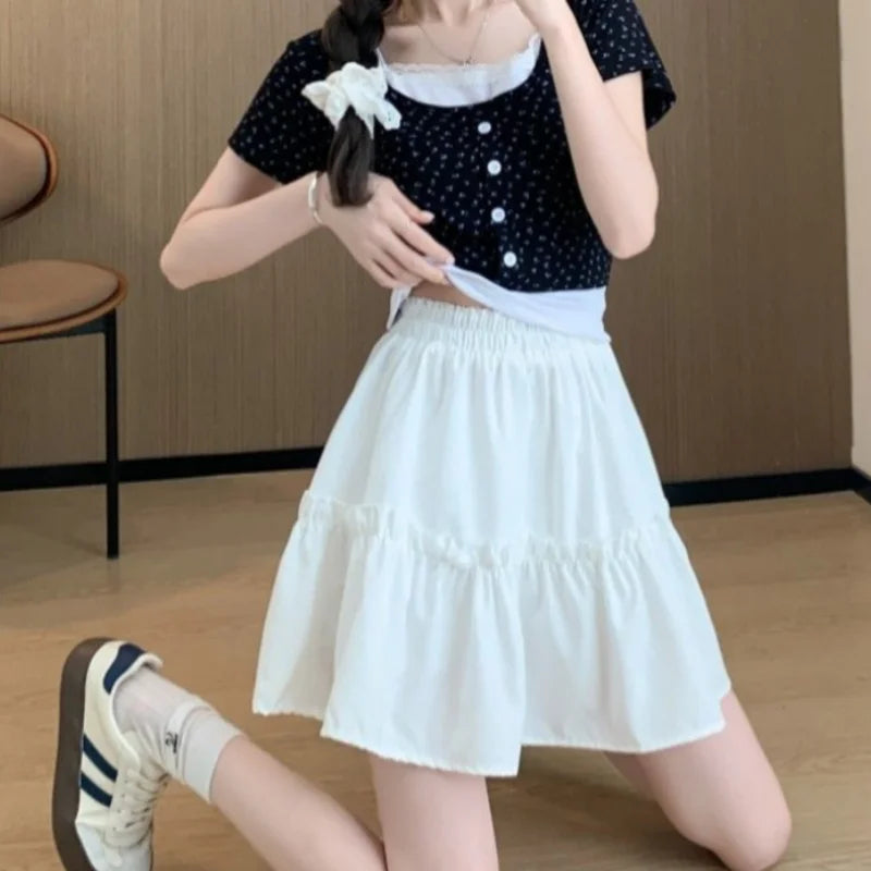 Sweet Cool Kawaii Y2K Puff Mini Skirt Women's Plaid High-Waist Lace Patchwork Bow Casual Dating Skirt  Lolita School Performance