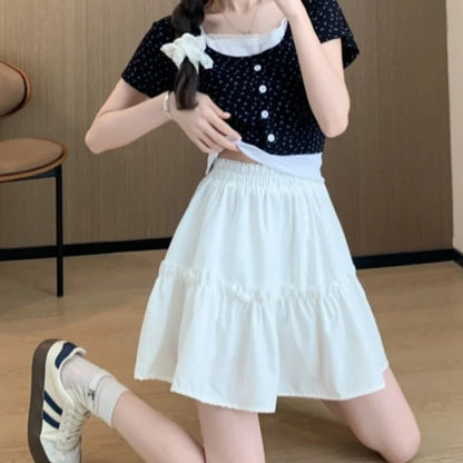 Sweet Cool Kawaii Y2K Puff Mini Skirt Women's Plaid High-Waist Lace Patchwork Bow Casual Dating Skirt  Lolita School Performance