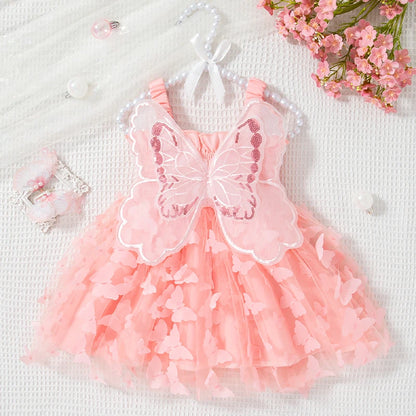 Baby Girl Dress Summer Butterfly Mesh Suspender Girl Dress Cute Back Wings Girl Wedding Flower Girl Dress