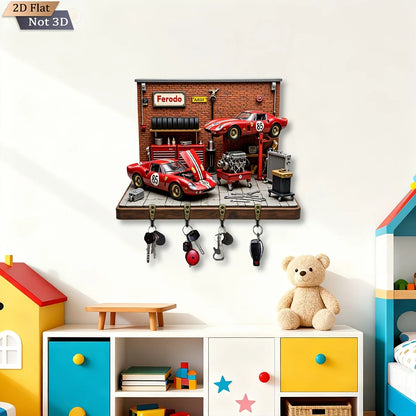 2D Flat, 1pc, Classic Racing Theme Style Key Hook, Wooden Multifunctional Home Key Rack, with Four Metal Hooks, Wall