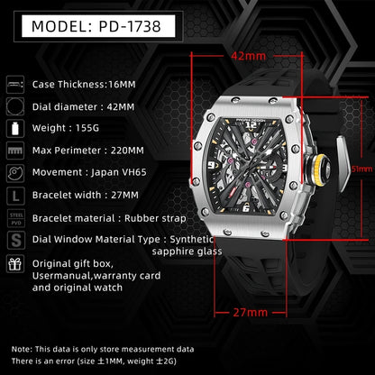 PAGANI DESIGN Men's Quartz Watch Tonneau Hollow Dial Luminous 50M Waterproof Sports Silicone Strap Luxury Watch Reloj Hombre