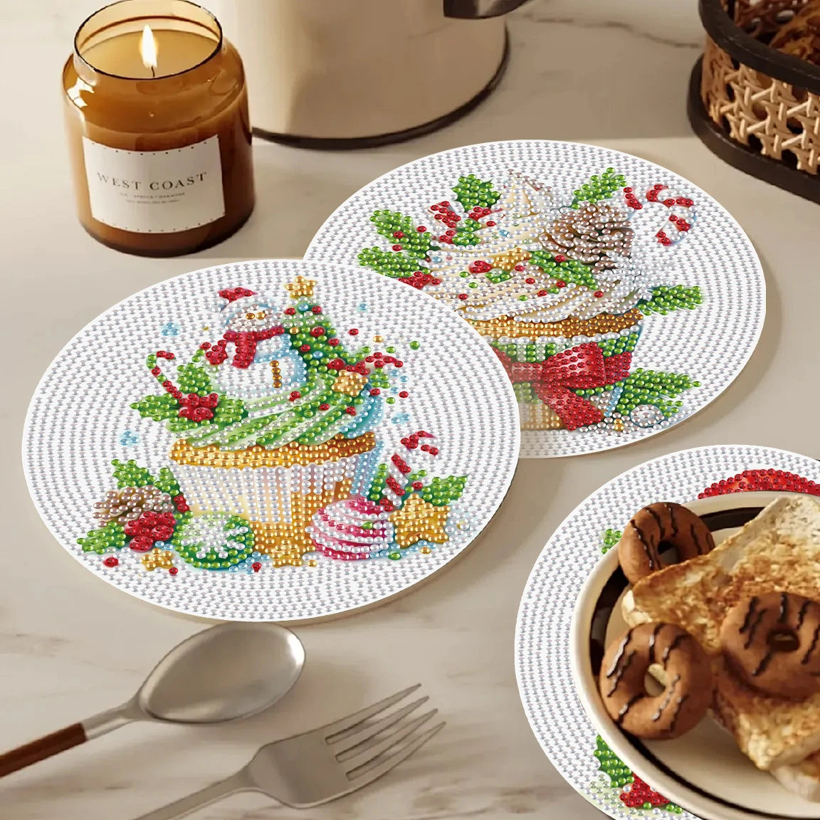 3Pcs Diamond Art Painting Placemat kits,DIY Cupcake Diamond Round Place mats Craft Table mats Table Kitchen for Home Decor Gift