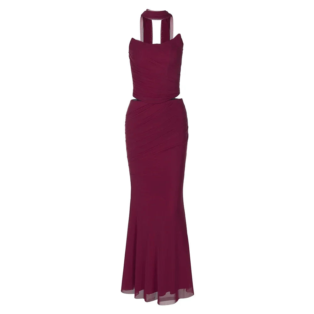 BWQ Elegant 2 Pieces Dress Set with Scarf Women Fashion Matching Sets Sexy Cropped Top and Long Dress Set Casual Dress 2026