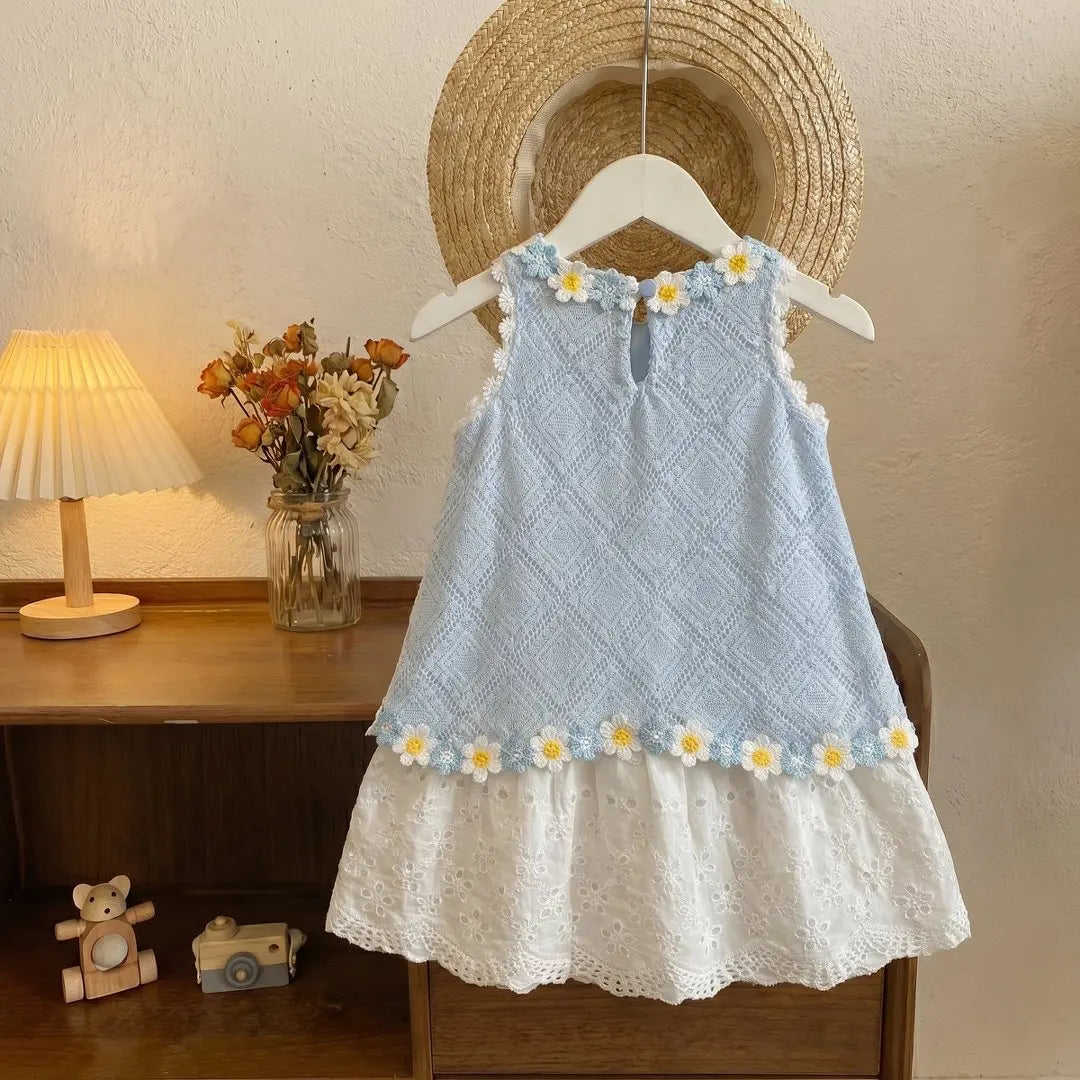 Girls' Dress Summer New Style Children's Fashionable Lace Princess Dress Little Girl Sweet Floral Vest Dress