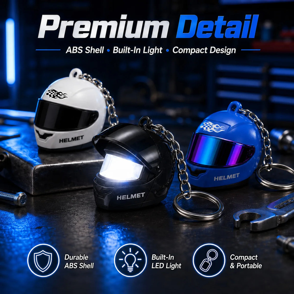 Cool Motorcycle Helmet Keychain with Light Creative Mini Helmet Key Chain for Bags and Keys, Night Warning Light
