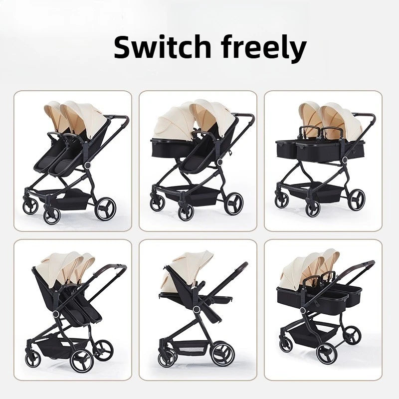 High-view Twin Baby Integrated Stroller, Can Sit or Lie Down, Ultra-light Portable Foldable Outdoor Travel Stroller