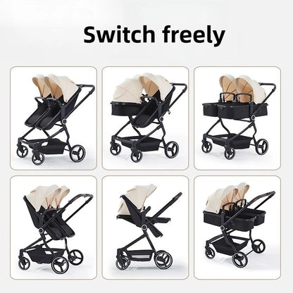 High-view Twin Baby Integrated Stroller, Can Sit or Lie Down, Ultra-light Portable Foldable Outdoor Travel Stroller