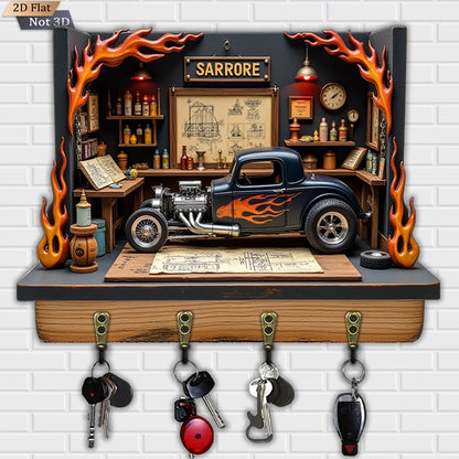 2D Flat, 1pc, Flame Car Key Hook, Wooden Multifunctional Home House Key Hook with 4 Metal Hooks, Wall Decoration, Porch