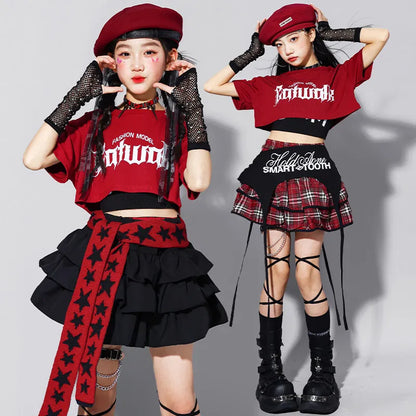 Girls K-pop Fashion Crop Top Bud Skirts Children Hip Hop Street Dance Costume Kids Streetwear Girl Group Jazz Summer Clothes Set
