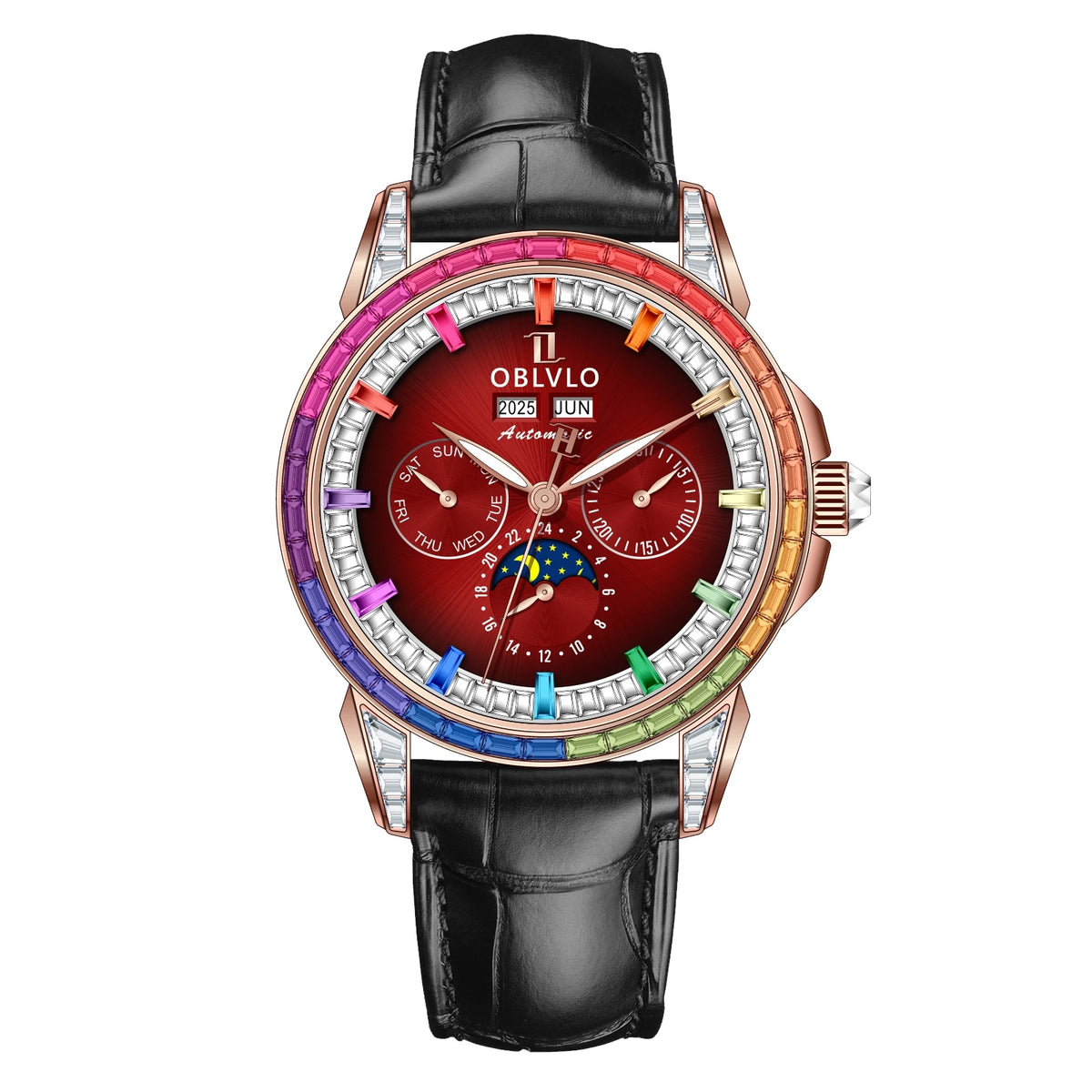 OBLVLO Men's Fashion Automatic Watch Colorful Zircon Moonphase Mechanical Multifunctional Black Leather Strap Timepiece GCM-MUT