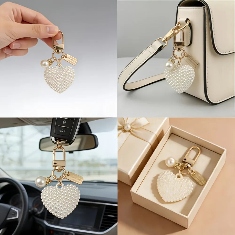 30pcs/10sets Faux Pearl Heart Keychain Set, Love Charm Metal Key Rings with Gift Cards&Bags, Wedding Party Favors for Women
