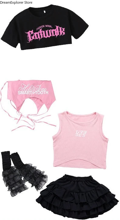 Girls K-pop Crop Top Street Dance Tiered Skirt Cargo Pants Children Costume Kids Hip Hop Streetwear Jazz Girl Group Clothes Sets