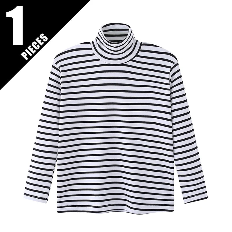 Autumn And Winter Children's Fashion Striped High Neck Long Sleeved Base Shirt Boys' Casual Sports Top Girls' Versatile Warm T