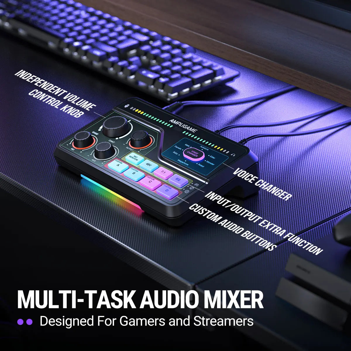 FIFINE SC8 Audio Mixer with RGB Lighting & Voice Changer, XLR Mic Preamp, 3 EQ Modes, Plug & Play for Gaming/Streaming/Podcast