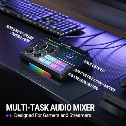 FIFINE SC8 Audio Mixer with RGB Lighting & Voice Changer, XLR Mic Preamp, 3 EQ Modes, Plug & Play for Gaming/Streaming/Podcast