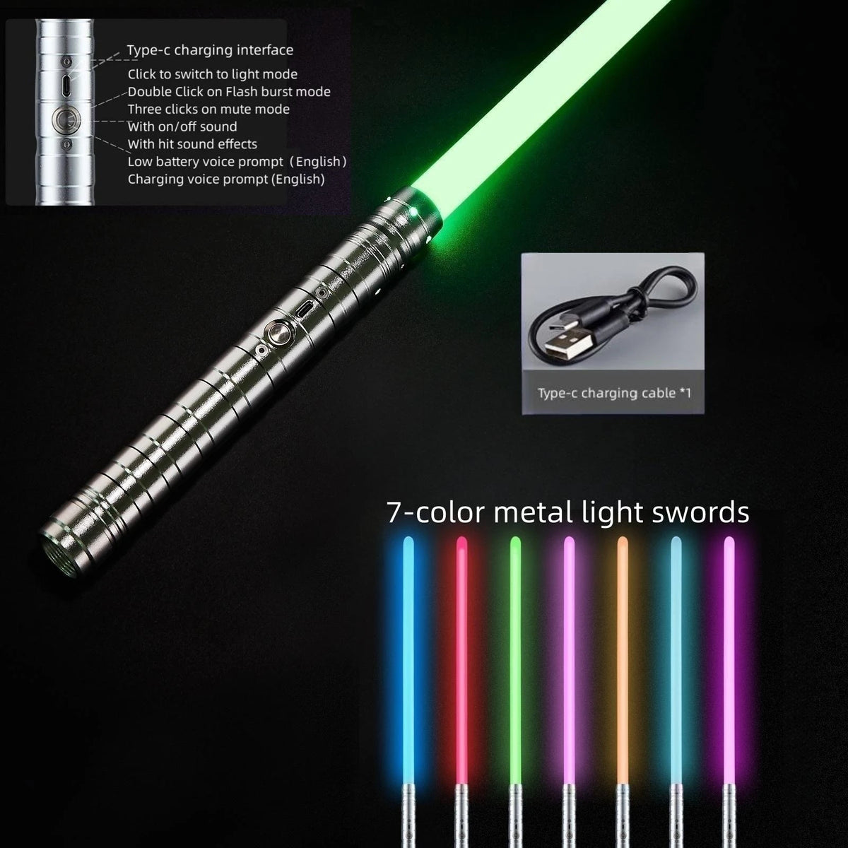 RGB Metal Lightsaber Dueling Smooth Swing Sword Sabre De Luz 7  Color Changing With Sounds  Flashing Toy