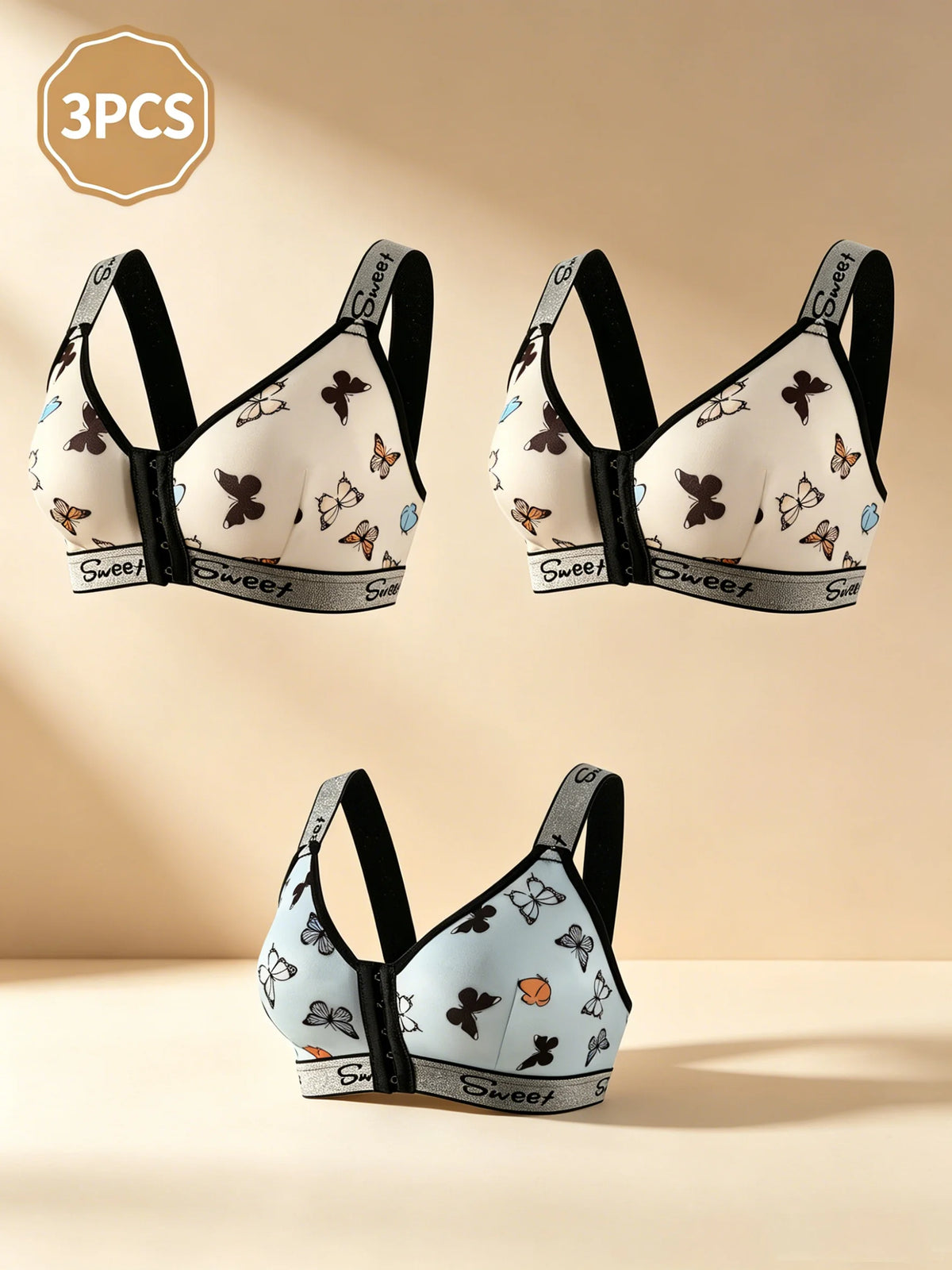 3pcs Women's Underwear Set, Multi-Color Front Closure Bra