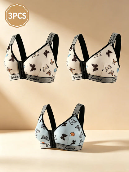 3pcs Women's Underwear Set, Multi-Color Front Closure Bra
