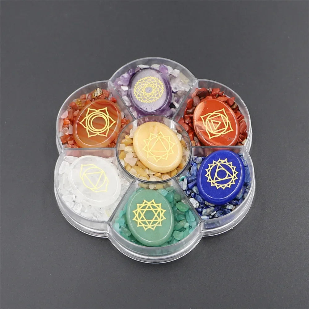 1box/set 7 Chakra Stones Natural Crystals Gemstones with Engraved Chakra Symbol Tumbled Polished Chakra Stone Meditation Crystal