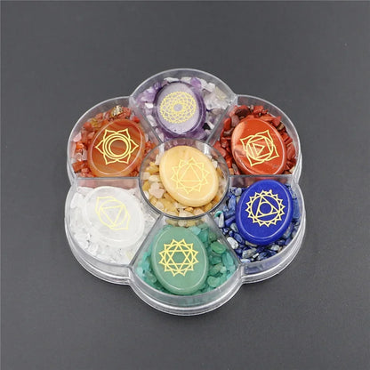 1box/set 7 Chakra Stones Natural Crystals Gemstones with Engraved Chakra Symbol Tumbled Polished Chakra Stone Meditation Crystal
