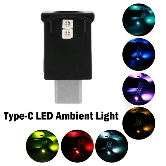 Type-C LED RGB Ambient Light Interior Atmosphere Night Lamp 8 Colors Dynamic Gradient Brightness Car Lamp Accessories