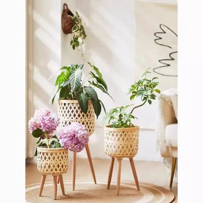 Flower Stand Nordic Solid Wood Rattan Living Room Sofa Side Table Floor-standing Bamboo Shelf Corner Balcony Flower Pot Shelf