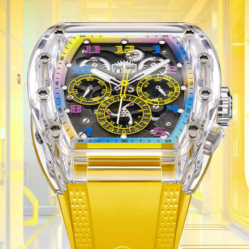 BONEST GATTI Men Automatic Watch Tonneau Mechanical Wristwatch Crystal Case Rubber Band Month Week Date Multi Dial Watches