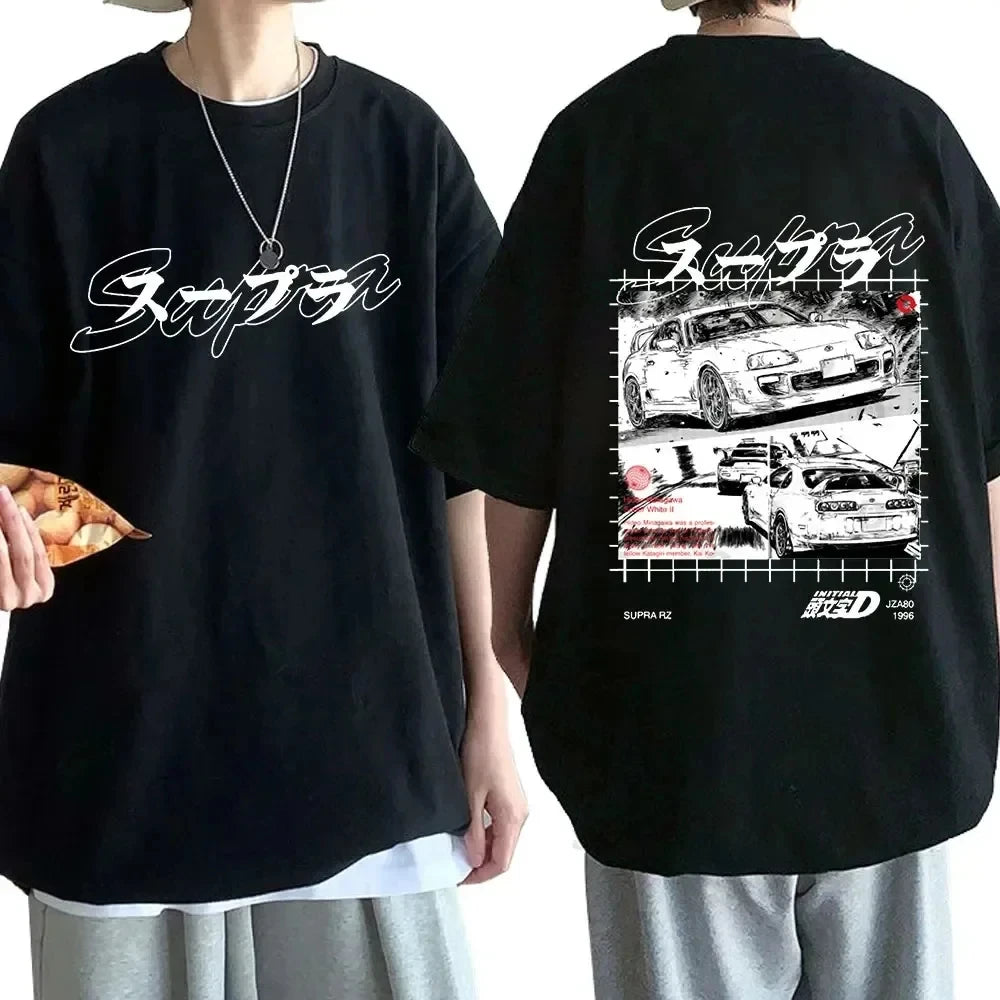 Anime Drift AE86 Initial D Double Sided T Shirt O-Neck Short Sleeves Summer Unisex R34 Skyline GTR JDM Manga T-Shirts 71775