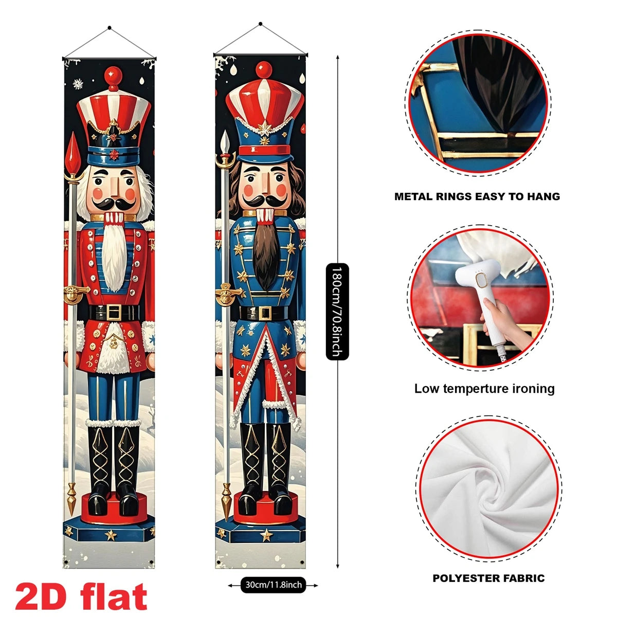 2Pcs Nutcracker Soldier Christmas Door Couplets 2D Flat Polyester Hanging Banner Xmas Front Porch Indoor Outdoor Holiday Decor