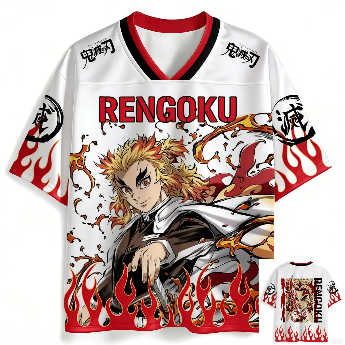 Demon Slayer Kyojuro Rengoku Flame Hashira Oversize V-Neck Jersey Unisex Streetwear Daily Casual Outfit T-shirt for Anime Fans